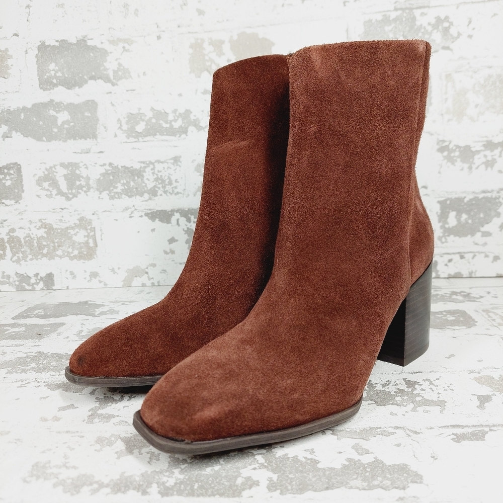 New Nordstrom Novanna Brown Suede Square Toe Block Heel Booties X207 - Picture 2 of 11